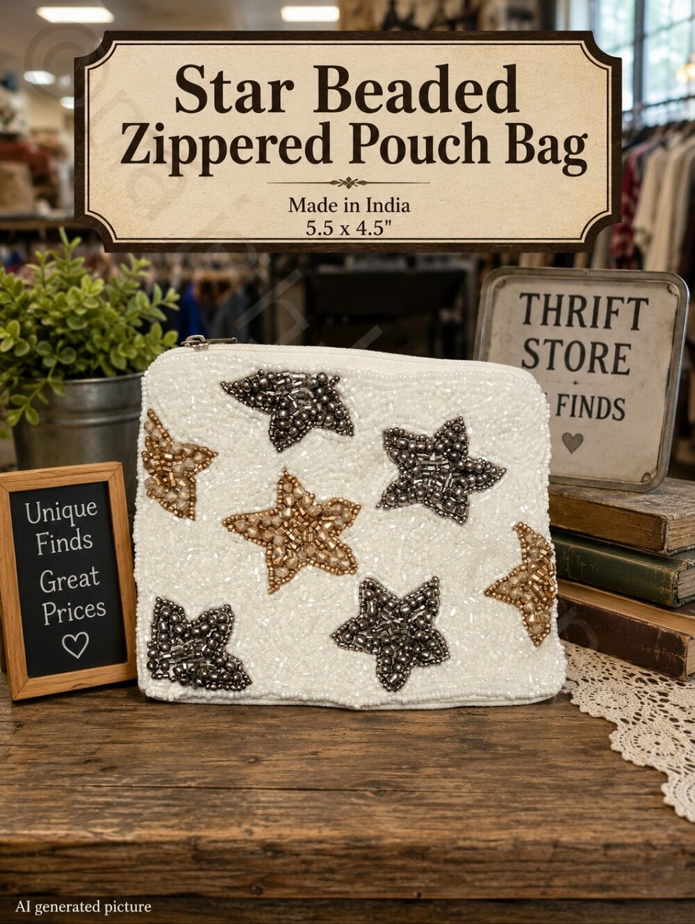 Star Beaded Zippered Pouch Bag 5.5 x 4.5"